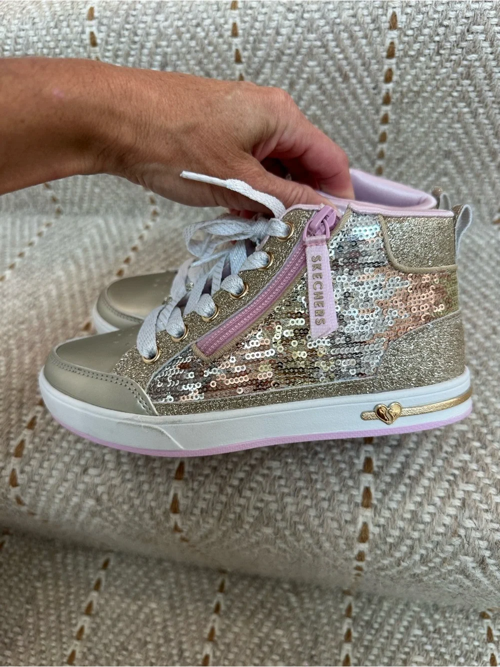 Skechers Girls Gold Sequin High-Top Sneakers with Pink Accents